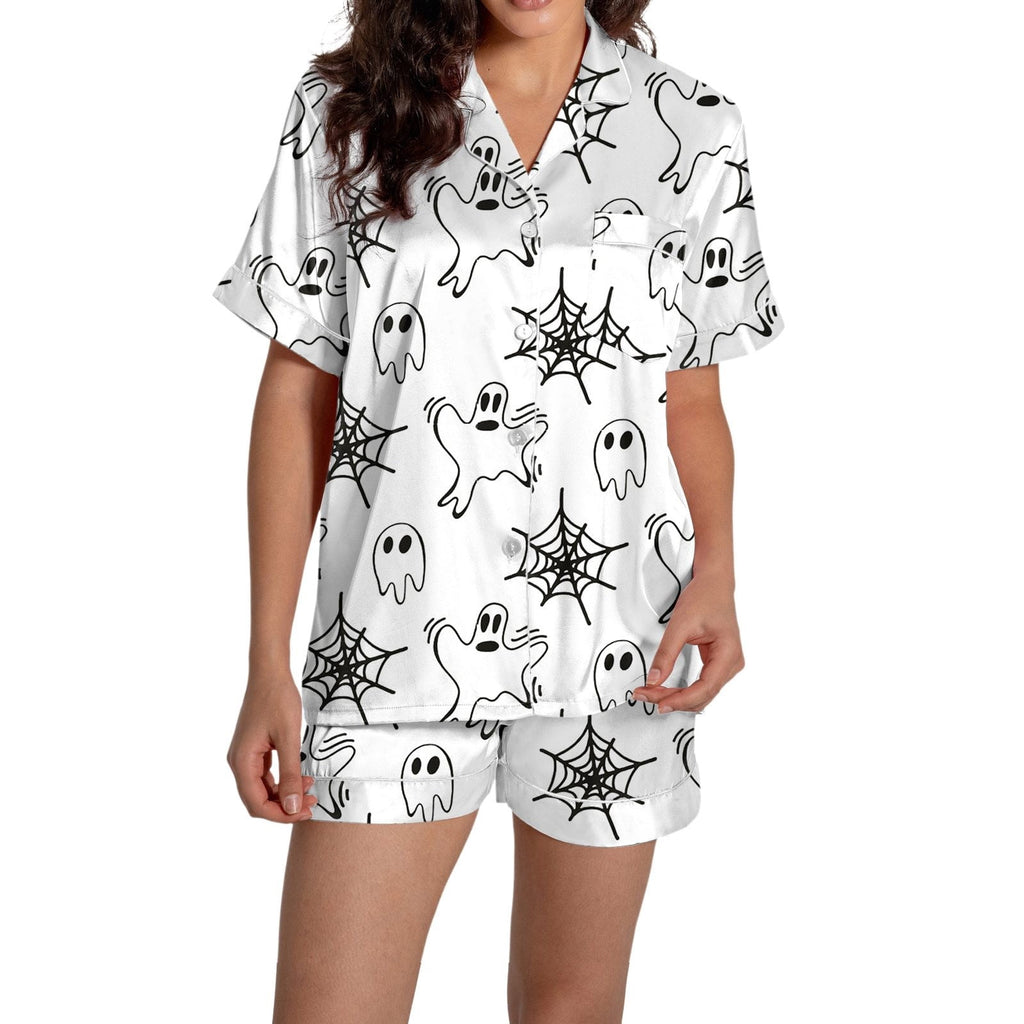 ChenYiFH Halloween Pajama Sets For Women 2 Piece Pumpkin Print Shirts And Pajamas Shorts Button Down Short Sleeve Sleepwear Black S