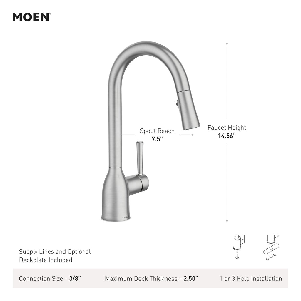 Moen Adler Series 87233BRB Pull-Down Kitchen Faucet, 1.5 gpm, 1-Faucet Handle, 1-Faucet Hole, Metal, Lever Handle