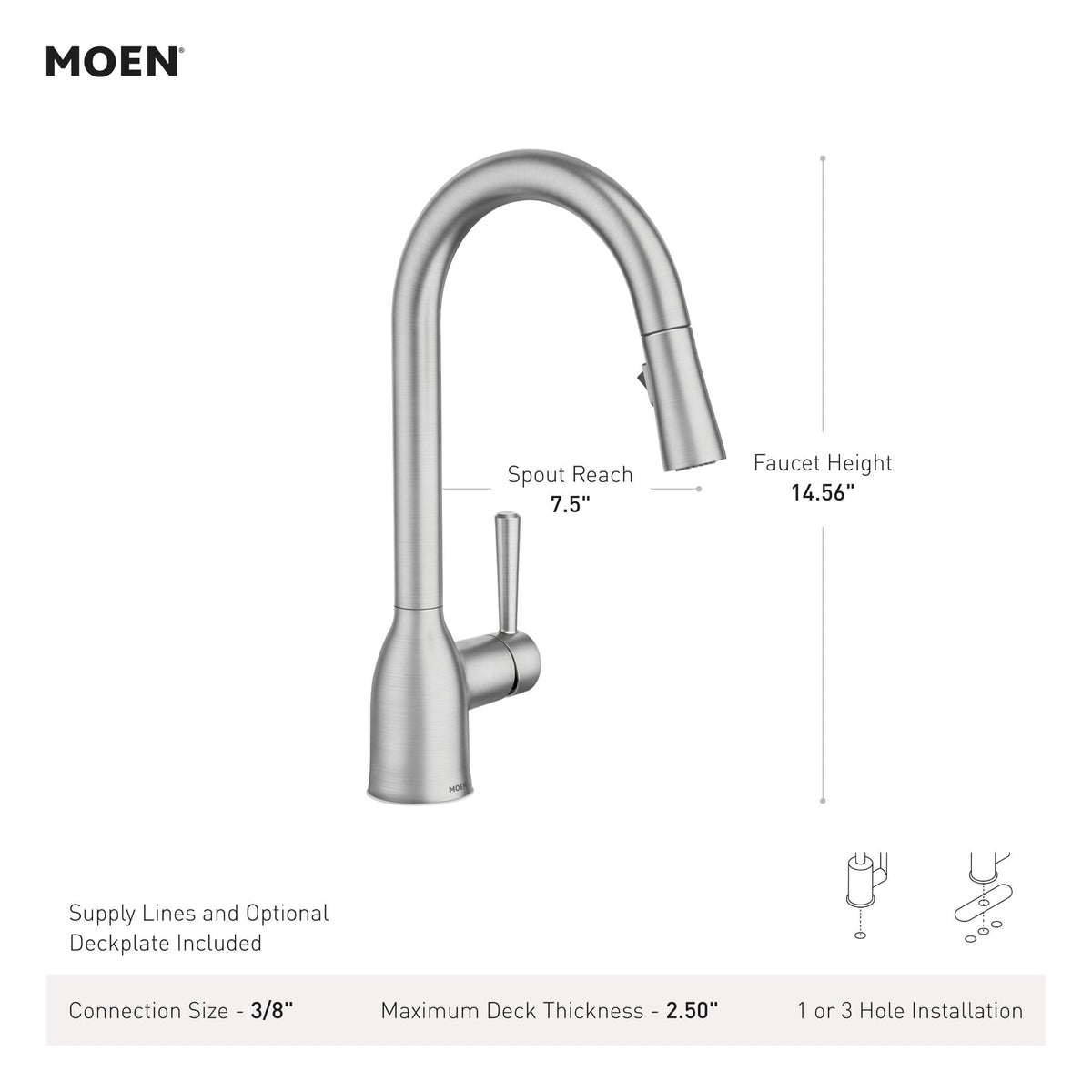 Moen Adler Series 87233BRB Pull-Down Kitchen Faucet, 1.5 gpm, 1-Faucet Handle, 1-Faucet Hole, Metal, Lever Handle