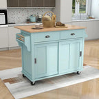 Rubberwood Kitchen Island Cart With Drop-Leaf Countertop, Concealed Barn Door Storage And 4 Locking Casters - 52.2 x 30.5 x 36.6 Inches