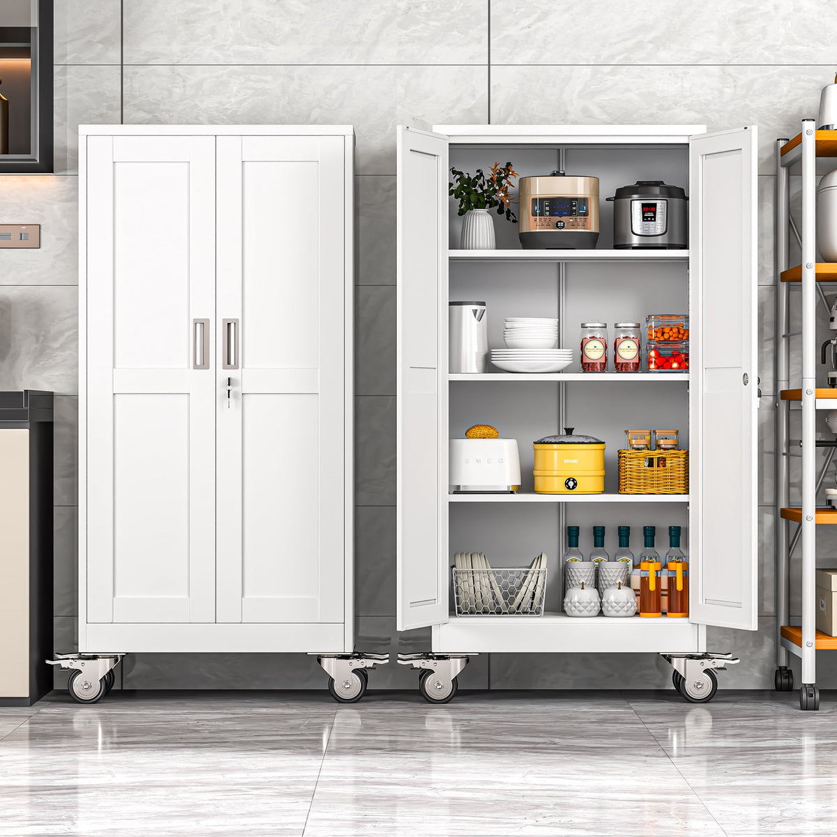 Erosoei 61"H Metal Garage Storage Cabinet with Wheels, Tool Storage Cabinet with 3 Adjustable Shelves