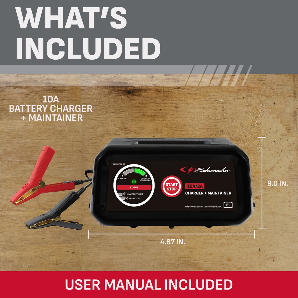 Schumacher Electric 10A Car Battery Charger and Maintainer, 2-in-1 Solution, 12V Sport, Auto, and Marine Batteries, SC1282