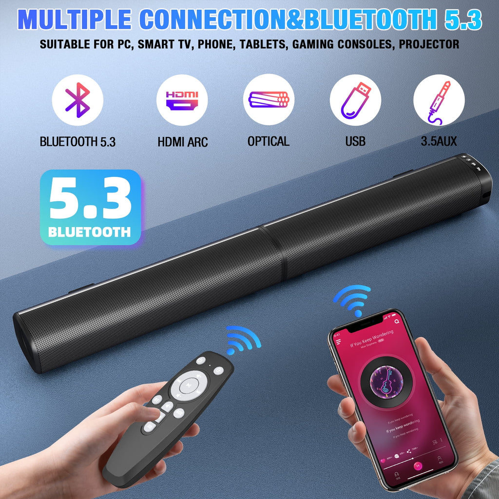 Sound Bar for Smart TV, 100W Bluetooth 5.3 Soundbar, 2-in-1 Detachable Sound Bar for TV, ARC/Optical/AUX, Surround Sound System for TV, Home Theater