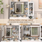 White Vanity Desk With Sliding LED Mirror, Charging Station, 2 Drawers, 2 Doors And Cushioned Stool - 15.7'D x 43'W x 57'H