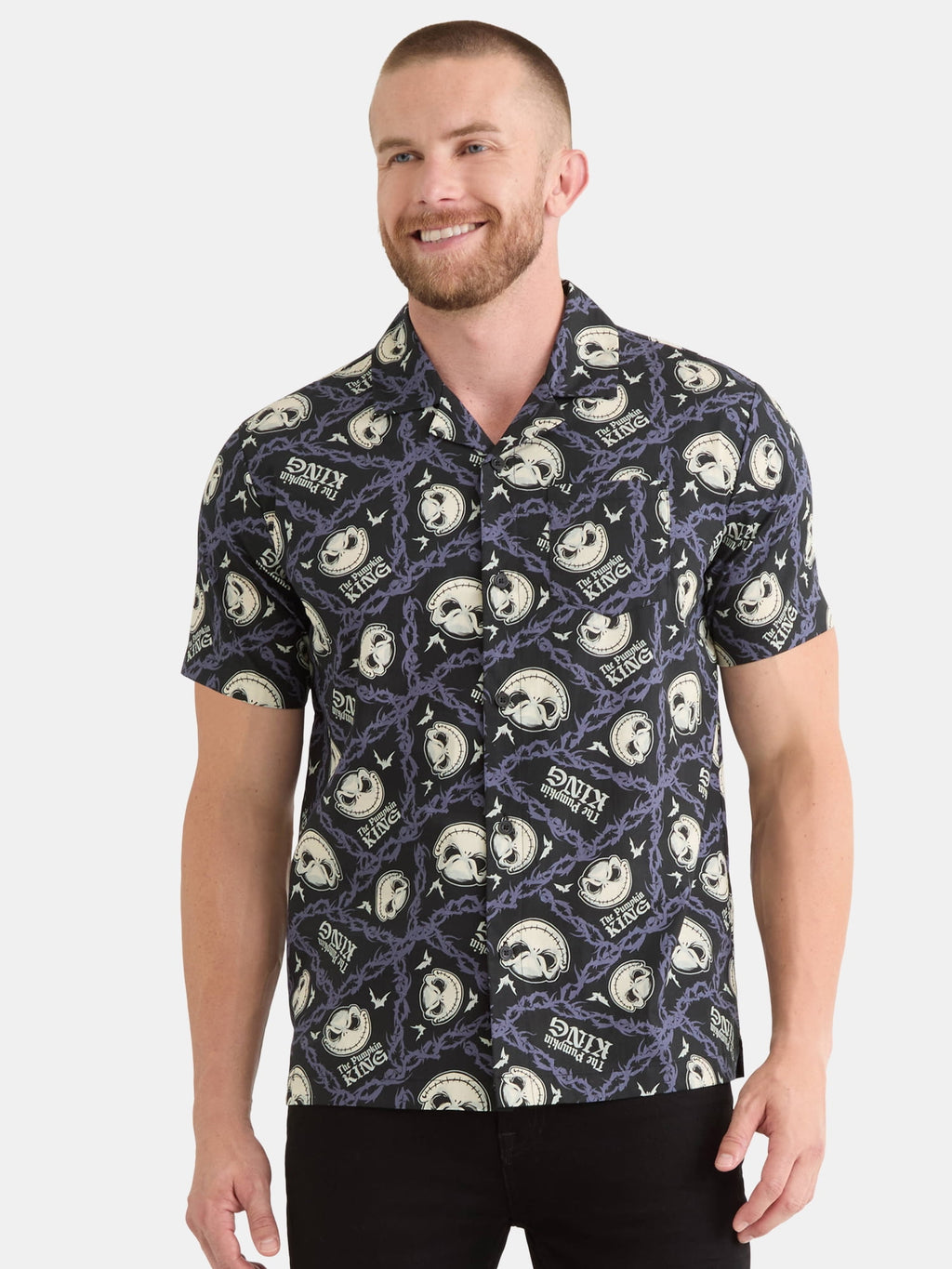 Nightmare Before Christmas Men's and Big Men's Print Button-Up Cotton Shirt with Short Sleeves, Sizes XS-3XL