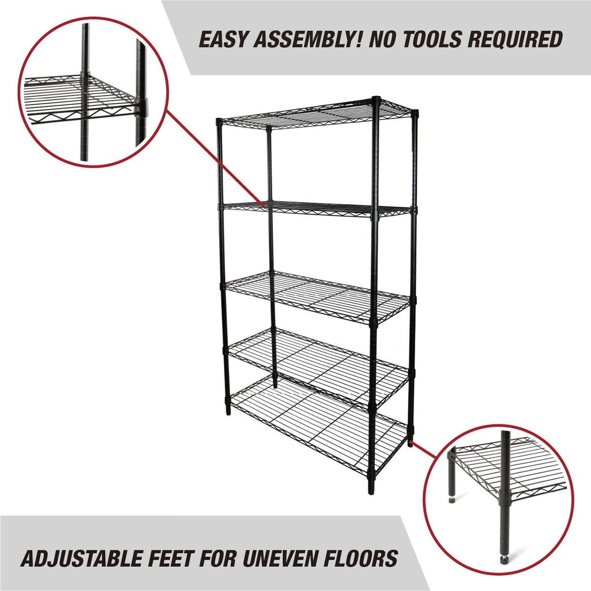 Hyper Tough 5-Tier Wire Storage Shelves, 36 in W x 16 in D x 72 in H, 1750 lb Load Capacity, Black