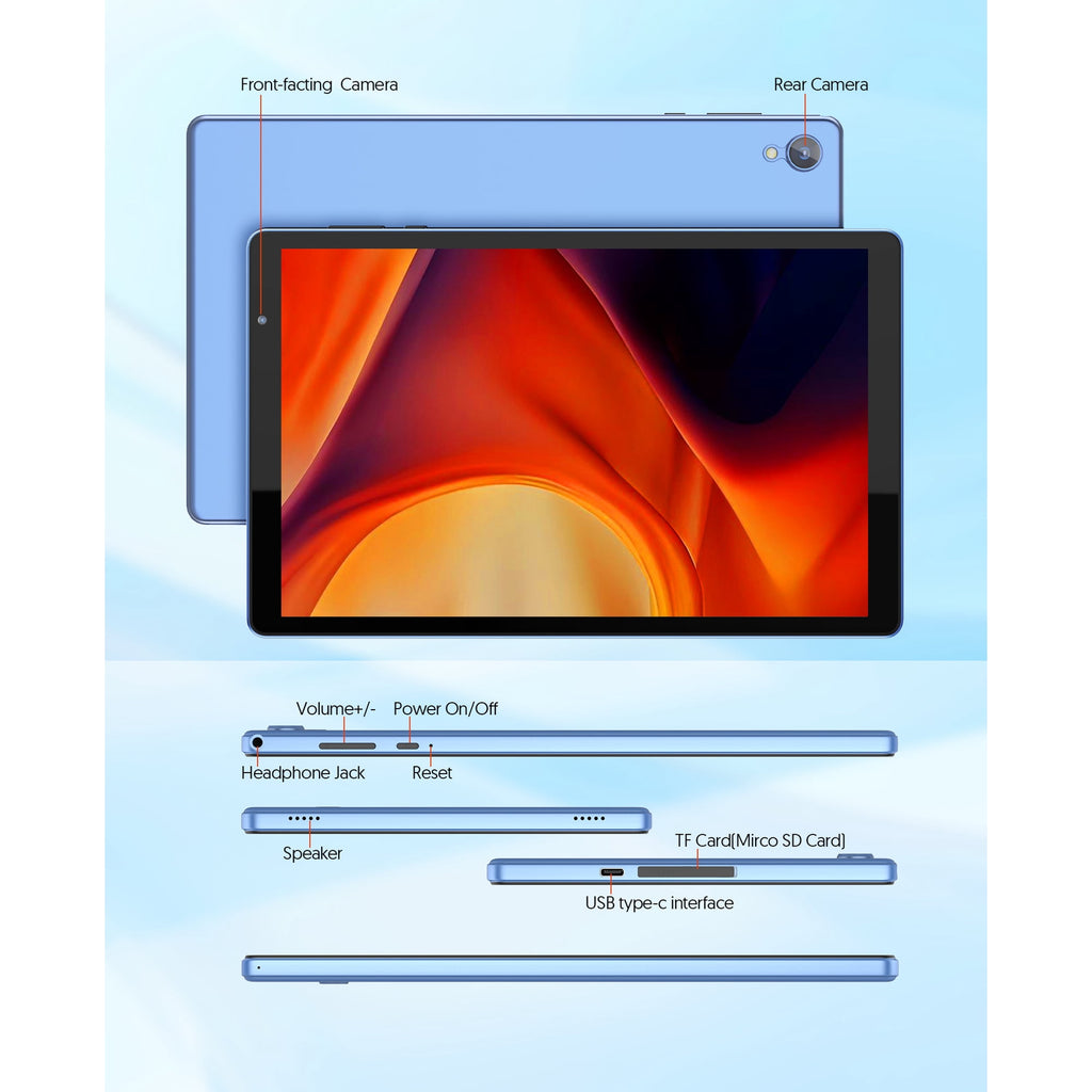 Android Tablet, 10 inch Android 14 Tablet, Quad-core CPU, RAM 4GB（2G+2G）, ROM 32GB (Up to 1TB), 800x1280 IPS, WiFi 6, 2MP+2MP, 6000mAh, Blue