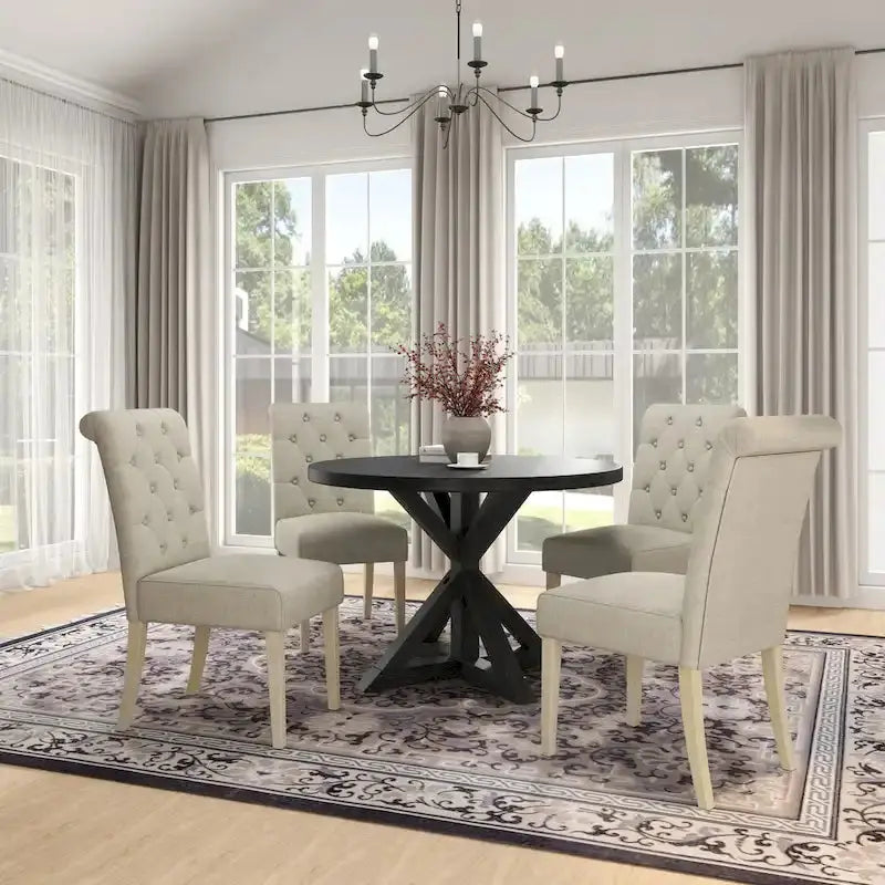 Rustic Wooden 5-Piece Dining Set With Round Cross-Buck Pedestal Table And 4 Tufted Upholstered Chairs - 47.25 x 47.25 x 31.50 in