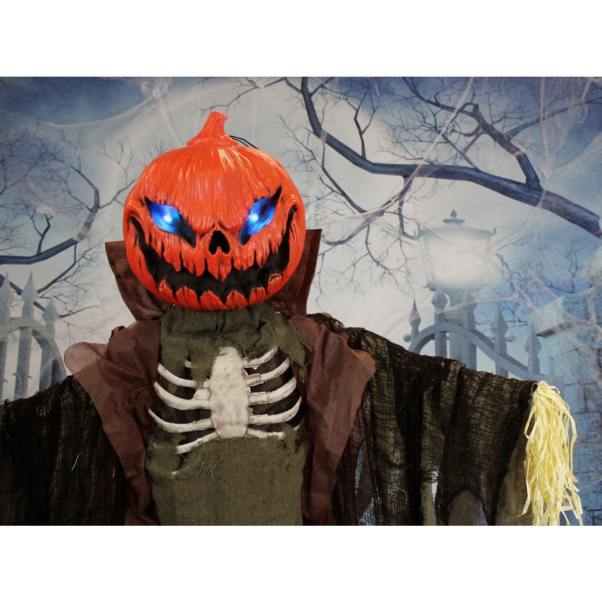 Haunted Hill Farm Life-Size Poseable 6.7-Ft. Pumpkin Scarecrow with Lights and Sound, Indoor or Covered Outdoor Halloween Decoration