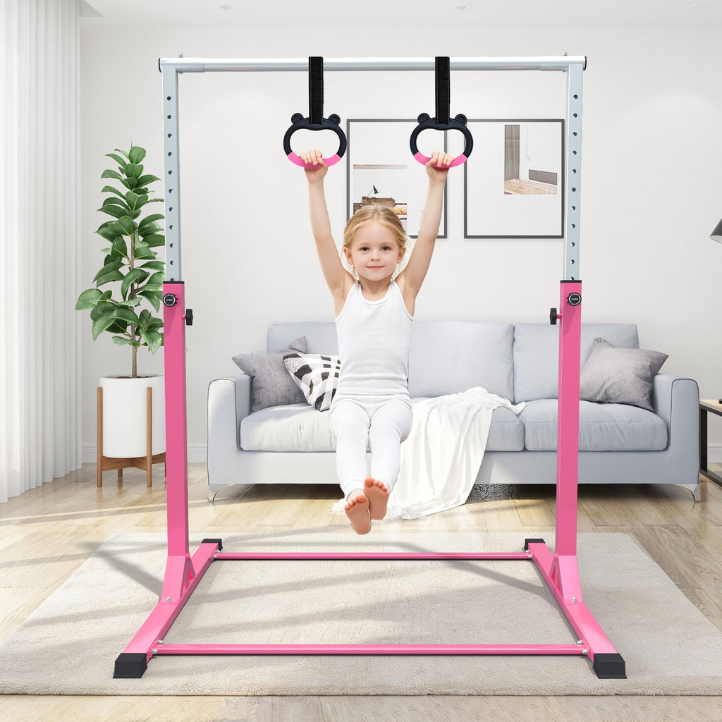 Ainfox Adjustable Kids Gymnastics Kip Bar with Pull Rings for Kids Ages 5-15 Gym Training,Pink