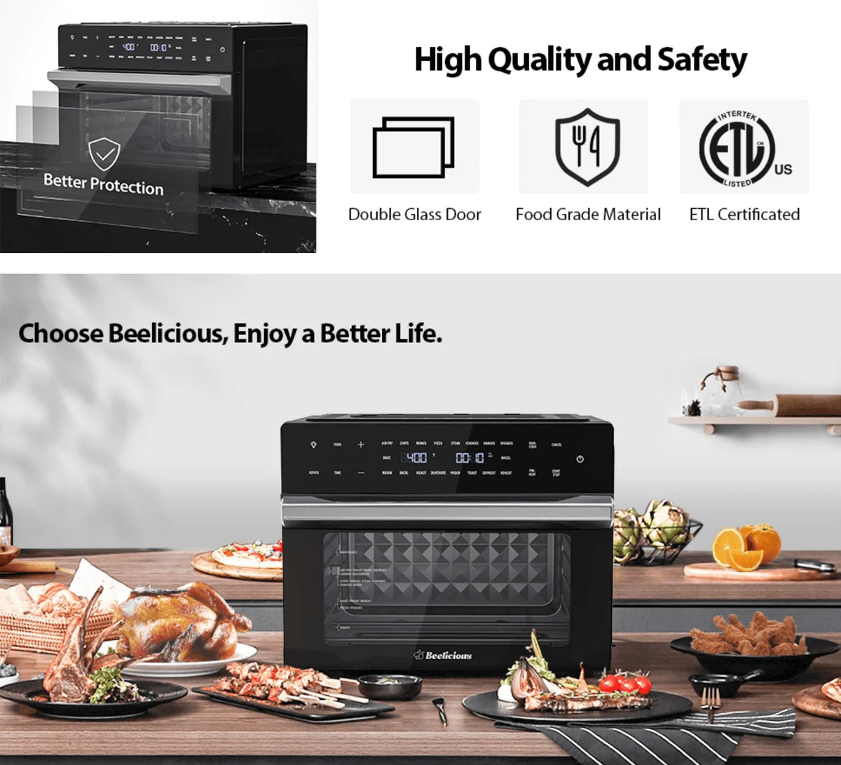 Beelicious 32QT Air Fryer Toaster Oven With Rotisserie And Dehydrator, 6 Accessories, 1800W, Black