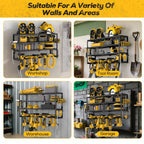 Riousery Power Tool Organizer Wall Mount, 4-Tier Heavy-Duty Carbon Steel Storage Rack with 8 Drill Holders, 3 Side Hooks, 350 LBS Capacity