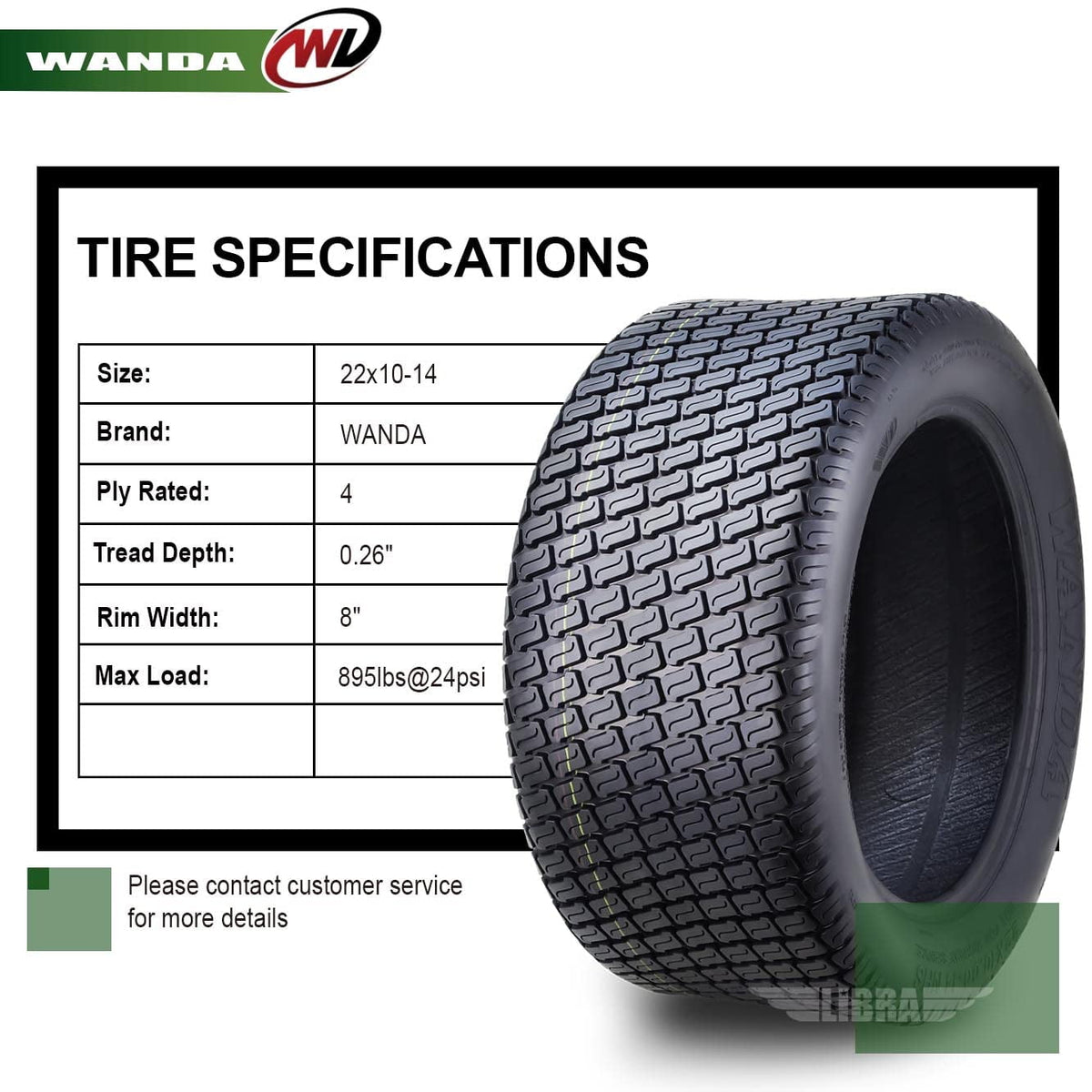 WANDA 22X10-14 Lawn Mower Tractor Cart Turf Tires 4 Ply 22x10x14 -Set 2-13216