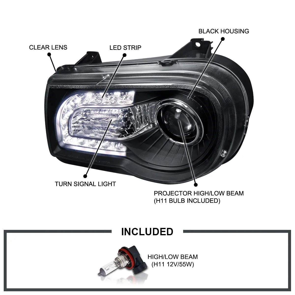 Spec-D Tuning Black LED Strip Projector Headlight Assembly Pair - 2005-2010 Chrysler 300C AWD HEMI SRT-8