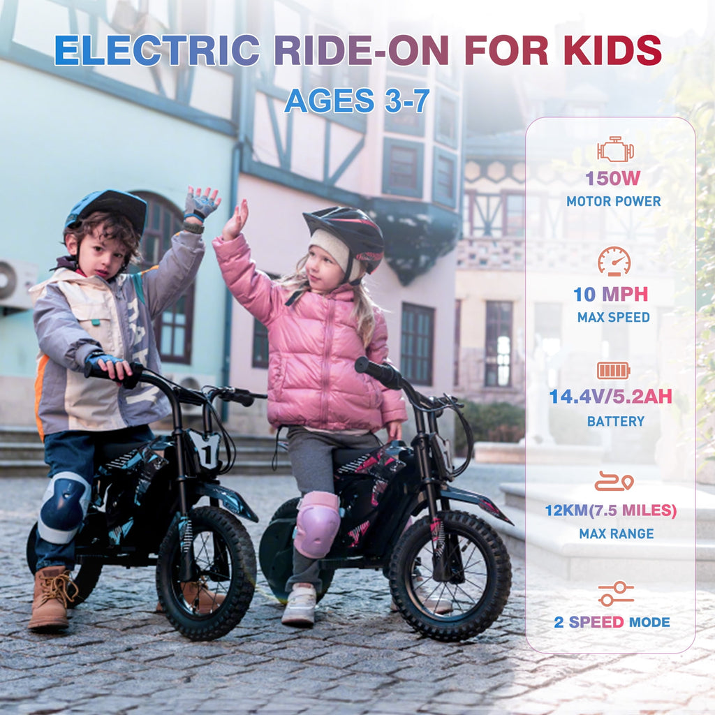 HOVERMAX Electric Dirt Bike for Kids, 150W Motor, Max Speed 10 MPH, Ages 3-7, 14.4V Ride-On Toy with 12" Rubber Wheels