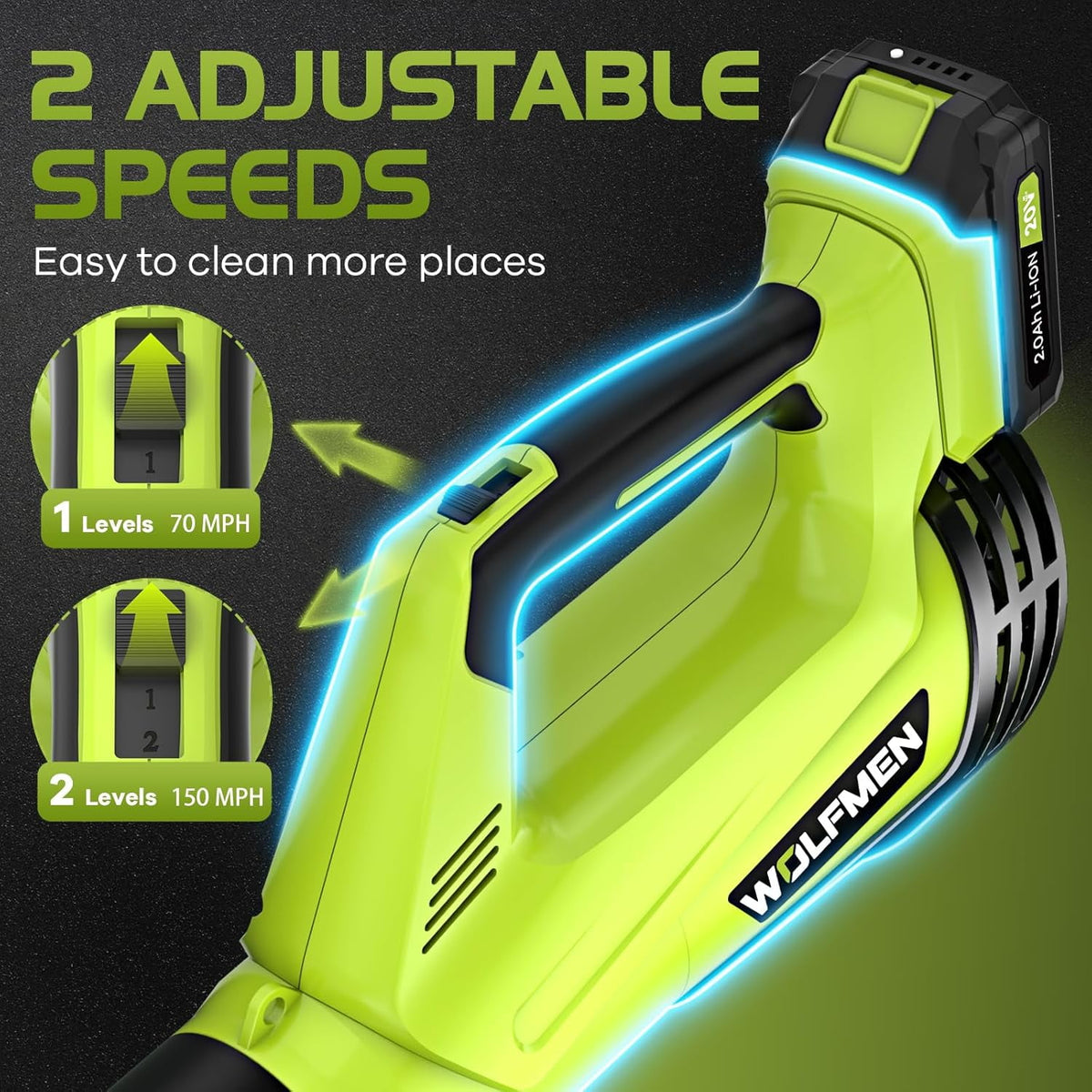 DARKIRON Cordless Leaf Blower, 20V Leaf Blower with 2 x 2.0Ah Batteries & Charger, Up to 450CFM/150MPH, 2 Variable Speed, Lightweight for Blowing