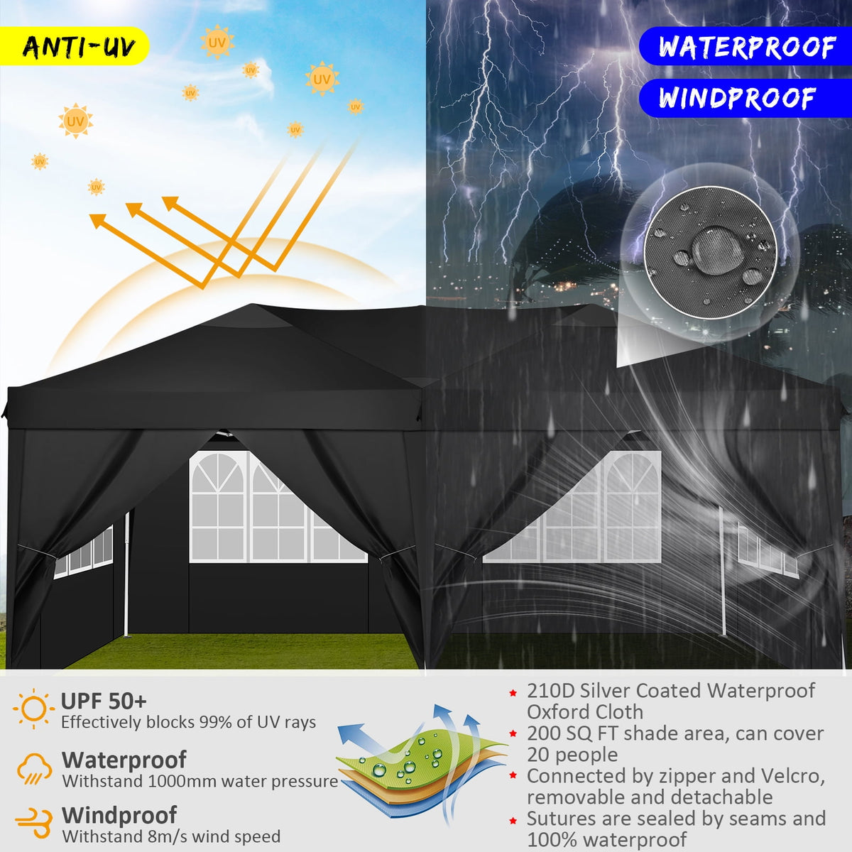 SANOPY 10' x 20' Pop Up Canopy Tent with Air Vent, Removable Sidewalls & Reflective Strips, Outdoor Instant Shelter Gazebo for Party, Camping, Beach