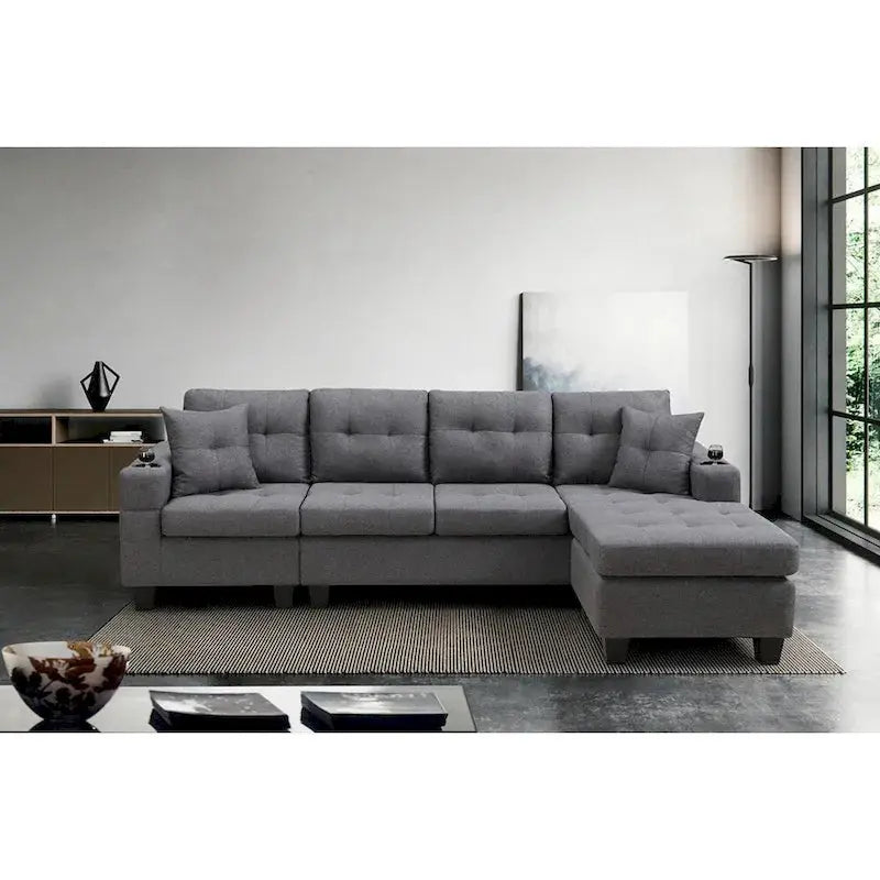 Contemporary L-Shaped Sectional Sofa With Cup Holders, Storage Chaise, Grey Or Black