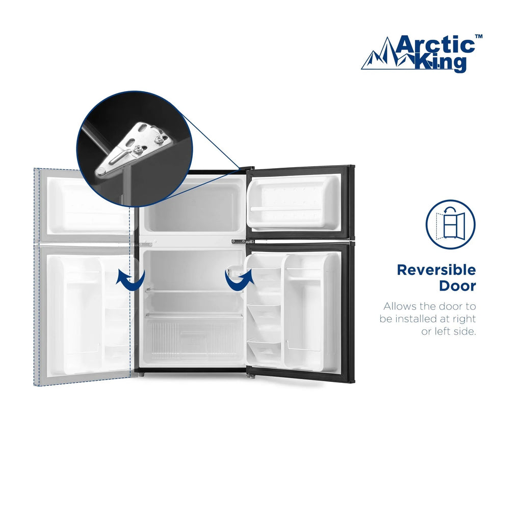 Arctic King Two-Door Mini Fridge With Freezer, 3.2 Cu. Ft., Stainless Steel
