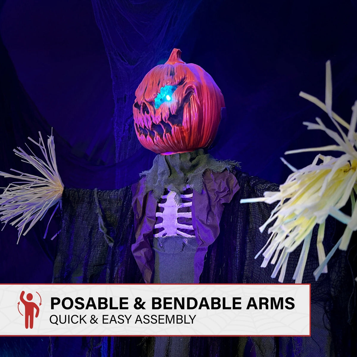 Haunted Hill Farm Life-Size Poseable 6.7-Ft. Pumpkin Scarecrow with Lights and Sound, Indoor or Covered Outdoor Halloween Decoration