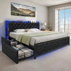 Moasis Queen Upholstered Faux Leather Platform Bed Frame With Headboard, 4 Storage Drawers, RGB LED Lights, USB-C Charging Ports - Black