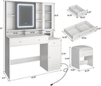 White Vanity Desk With Sliding LED Mirror, Charging Station, 2 Drawers, 2 Doors And Cushioned Stool - 15.7'D x 43'W x 57'H