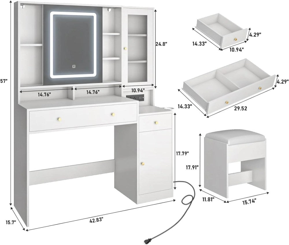 White Vanity Desk With Sliding LED Mirror, Charging Station, 2 Drawers, 2 Doors And Cushioned Stool - 15.7'D x 43'W x 57'H
