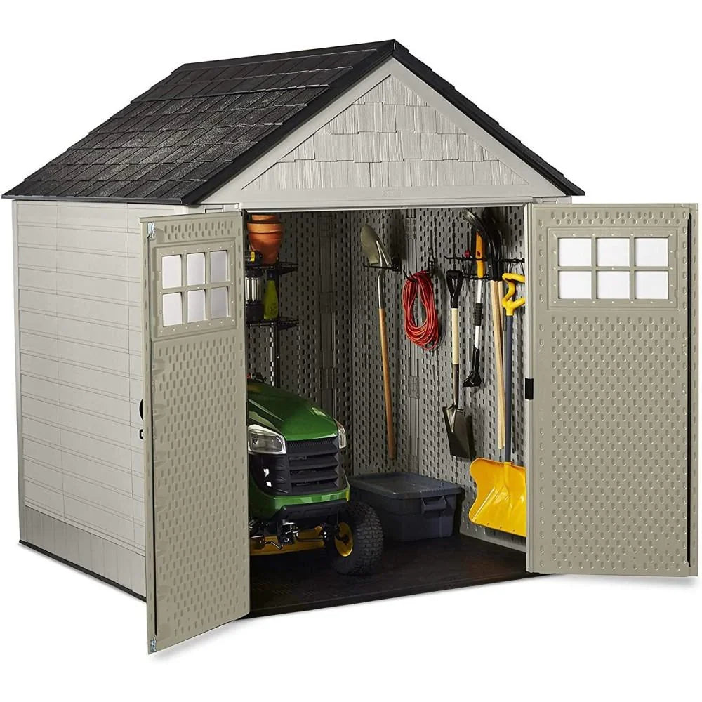 Rubbermaid Resin Outdoor Garden Storage Shed With Windows And Utility Hooks, Sand - 7x7 Ft