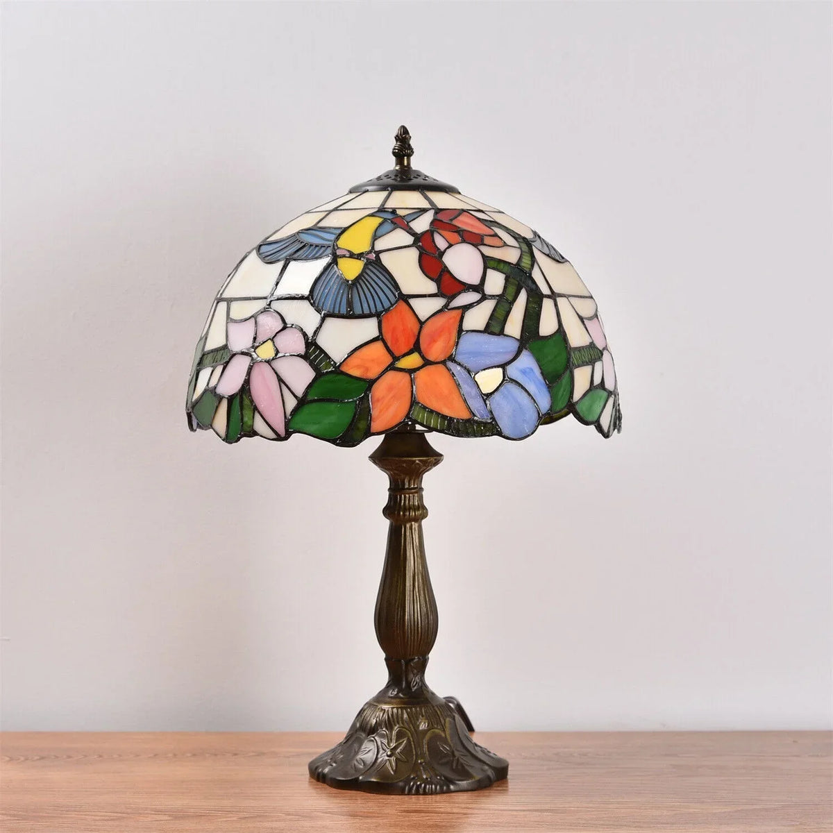 Tiffany Style Stained Glass Hummingbird Table Lamp 12in Shade, 18in Tall