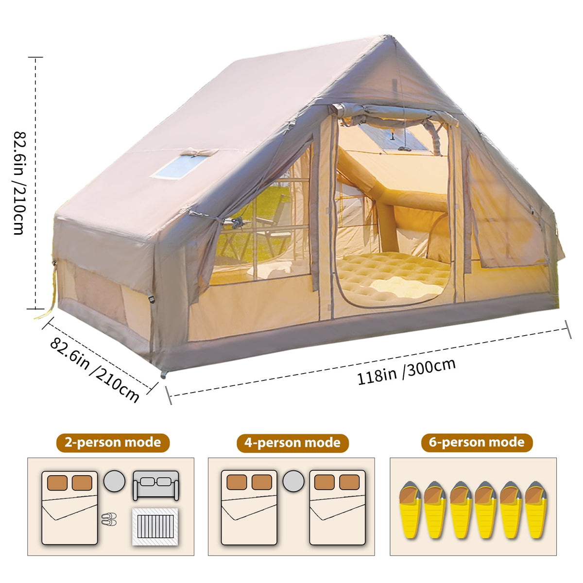 4-6 People for Camping Inflatable Tent, Glamping Tent with Stove Jack , 4 Seasons available Waterproof Blow Up Tent
