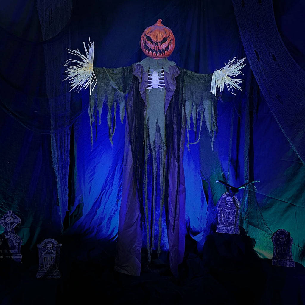 Haunted Hill Farm Life-Size Poseable 6.7-Ft. Pumpkin Scarecrow with Lights and Sound, Indoor or Covered Outdoor Halloween Decoration