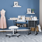 Magshion Sewing Machine Table with Fold-Down Top, Height Adjustable Platform Craft Table with Storage Shelves & Drawers, White