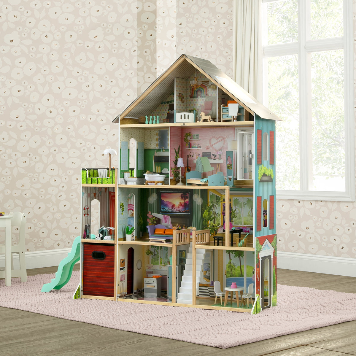 Delta Children Deluxe Maui Dollhouse with 50 Accessories - Large Wooden 4-Story Dollhouse with 12 Rooms - Working Elevator, Slide, Lights/Sounds