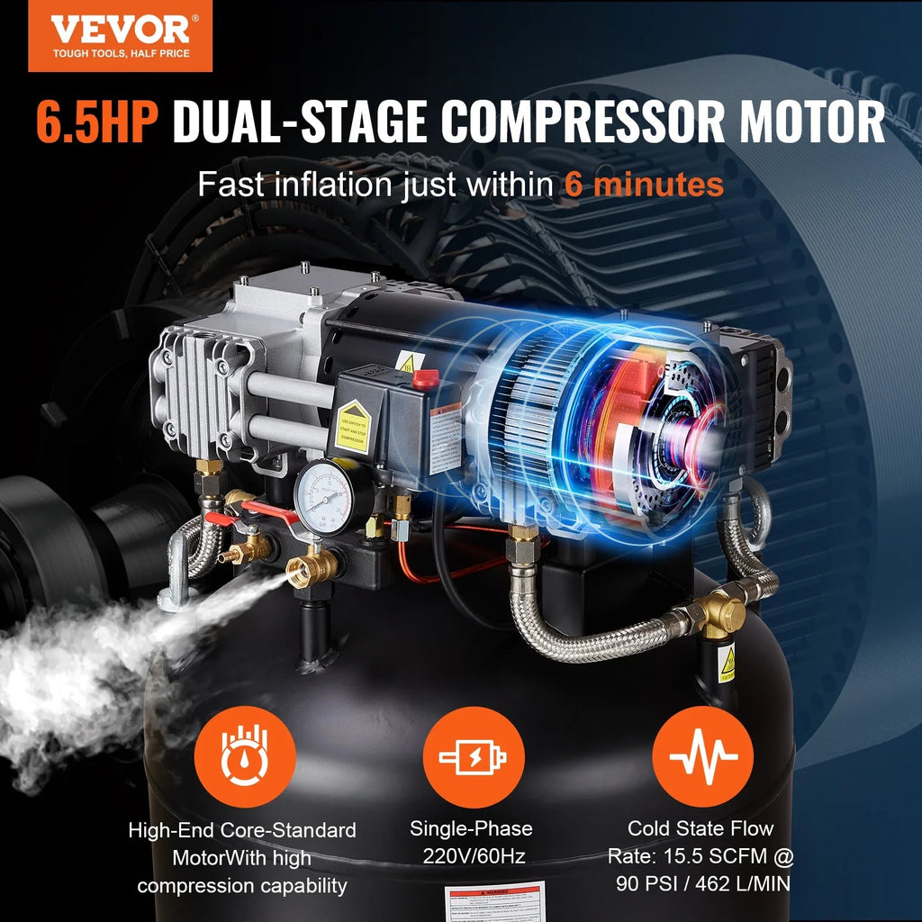 VEVOR 80 Gallon Oil-Free Air Compressor, 6.5 HP, 15.5 SCFM at 90 PSI, 145 PSI - FB3500-10A300-1P