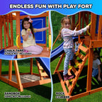Sportspower™Asher Wooden Swing Set with 2 Belt Swings, Rock Climber, Roofed Play Fort, Heavy Duty Double A-Frame, Lifetime on 6ft Slide & Bonus