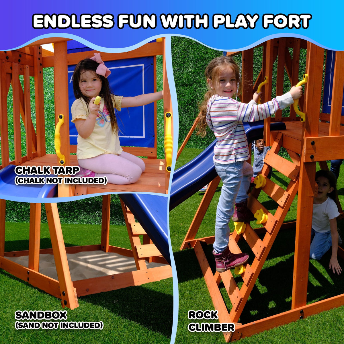 Sportspower™Asher Wooden Swing Set with 2 Belt Swings, Rock Climber, Roofed Play Fort, Heavy Duty Double A-Frame, Lifetime on 6ft Slide & Bonus