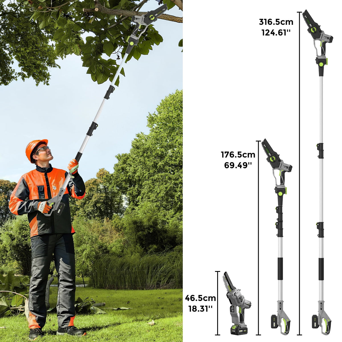 Vipuse 2-in-1 Cordless Pole Saw with 4.0Ah Rechargeable Batteries and 2.0Ah Fast Charger,16ft Max Extension,7 inch Mini Brushless Chainsaws for Tree