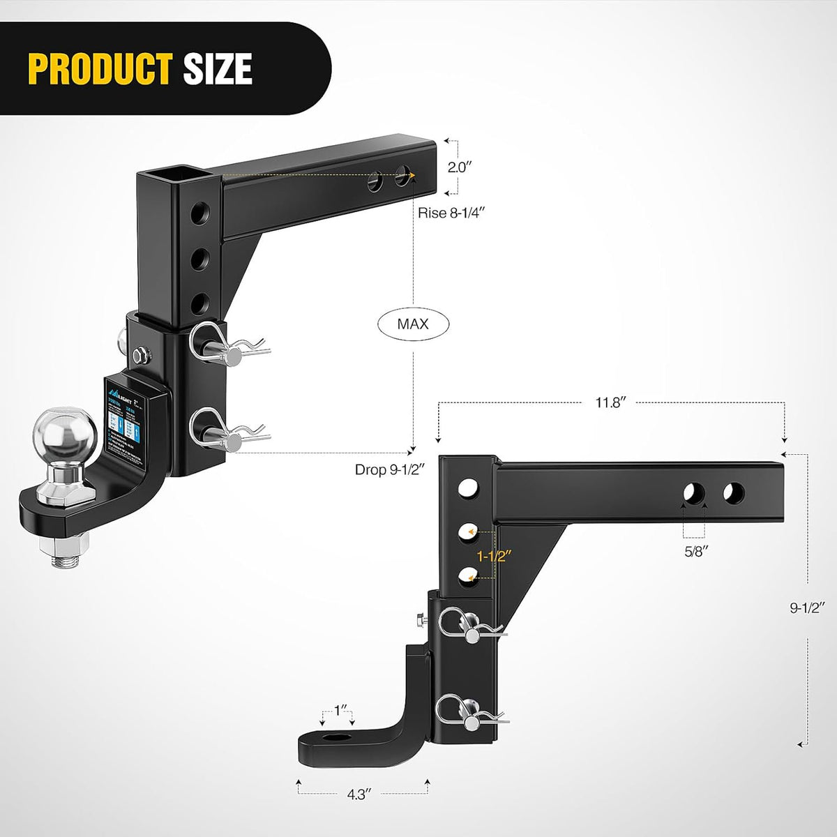 Nilight 8-Position Adjustable Trailer Hitch Ball Mount with 2 inch Ball Fits 2 Inch Receiver with 5/8" Pin Lock 7500 lbs, 9-1/2" Drop, 8-1/4" Rise