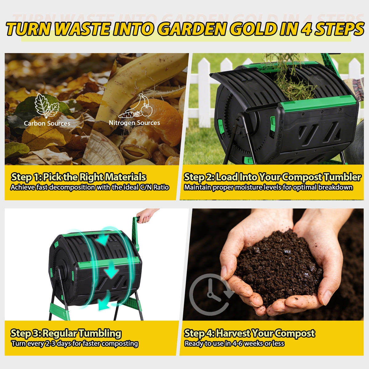 HomGarden 53-Gal Composting Tumbler Dual Chamber Rotating Compost Bin W Sliding Doors & Handle, BPA Free for Outdoor Garden