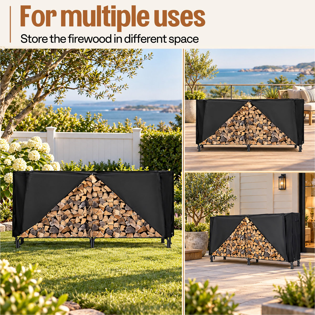 SPECSTAR 8ft Heavy Duty Indoor Outdoor Firewood Storage Log Rack with Cover Combo Set Black