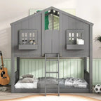 Twin-Over-Twin Playhouse-Style Bunk Bed - Grey With Roof, Window & Safety Rails