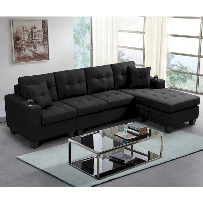 Contemporary L-Shaped Sectional Sofa With Cup Holders, Storage Chaise, Grey Or Black