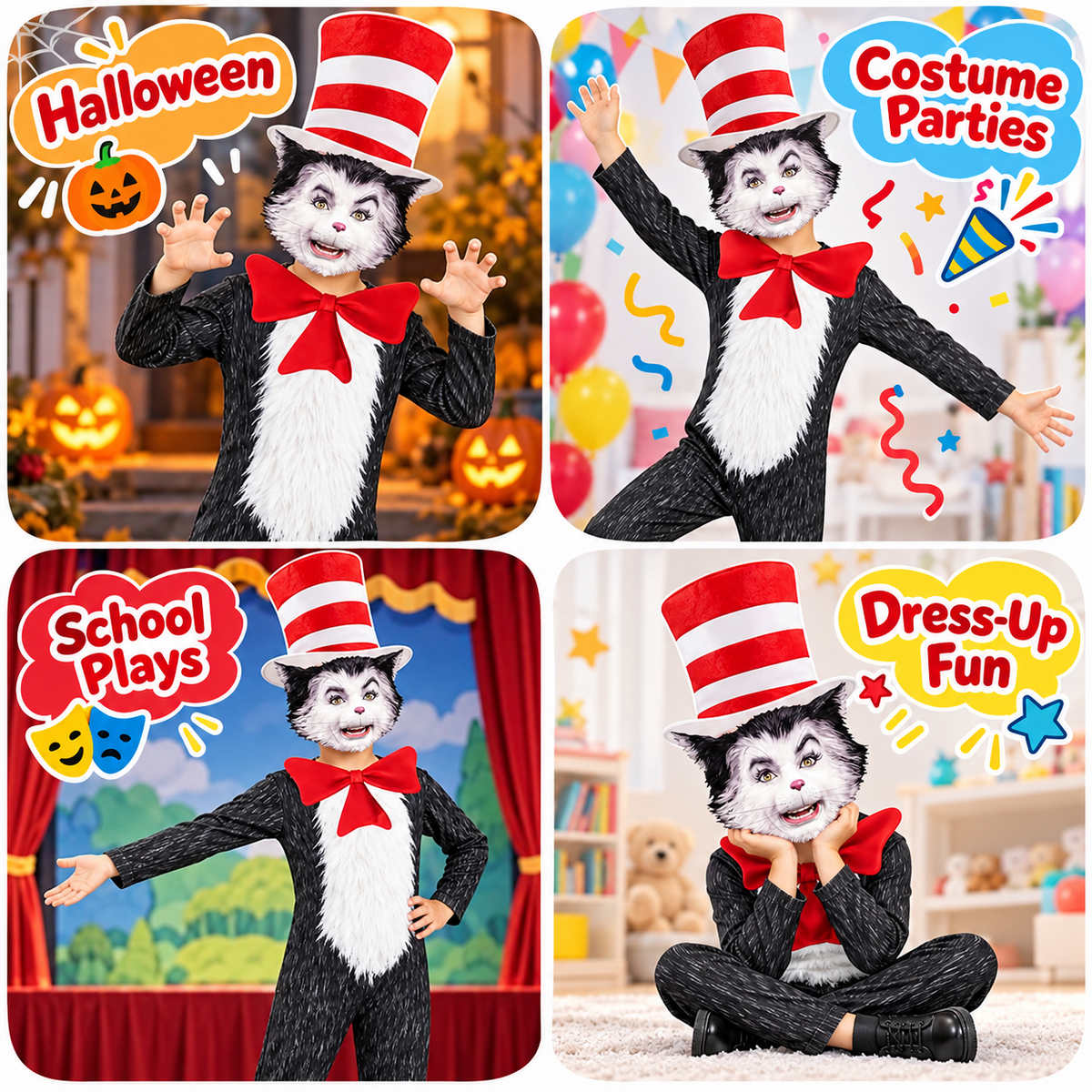4-Piece Cat Halloween Cosplay Costume for Kids, Scary Cat Jumpsuit Set with Mask, Striped Hat & Bow Tie for Boys & Girls, Ages 11-12