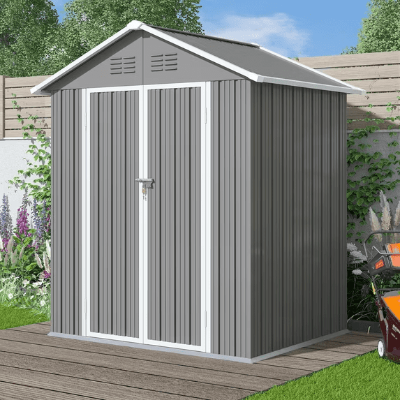 6' x 4' Outdoor Storage Shed with Base, ENYOPRO Galvanized Metal Garden Tool Shed with Lockable Double Doors, Sloped Roof & Vent for Backyard Patio