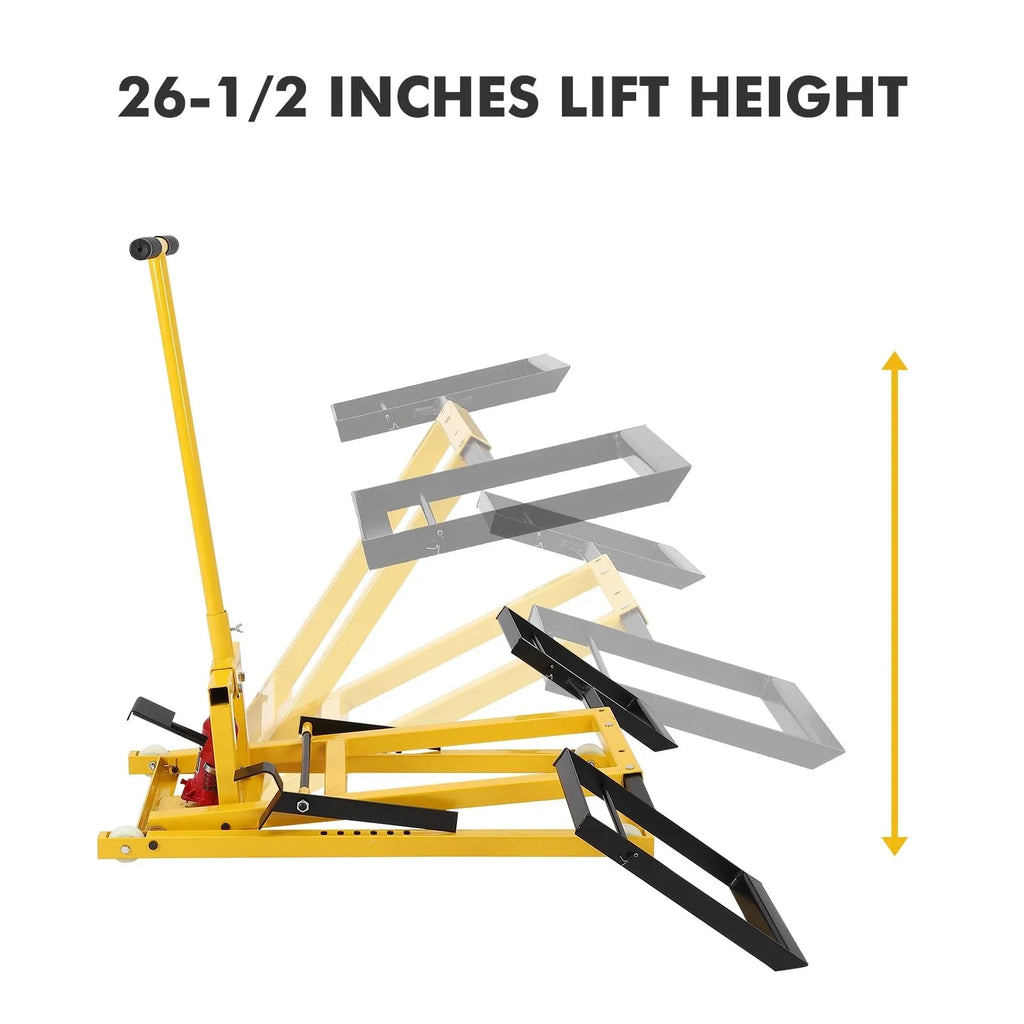 Lawn Mower Lift With Hydraulic Jack, 26 Inches, 500 LBS Capacity, Yellow - PHO_13L5VR2X2L
