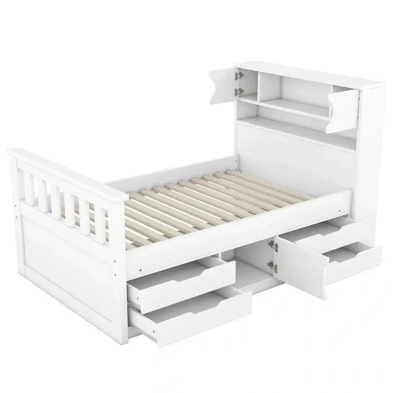 Twin/Full Captain Bed With 4 Drawers And Bookcase Headboard - Solid Wood Platform Frame