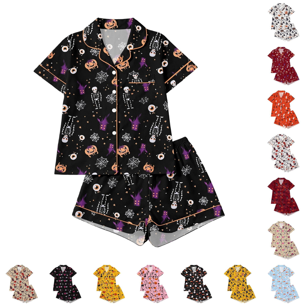 CUZIBR Girls Halloween Pajamas Sets Soft Comfortable Ghost Pumpkin Lapel Button Short Sleeve Shirt Elastic Waist Shorts 2 Pieces Sleep Loungewear Relaxed Sleepwear Outfits, Orange-C