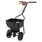 KFFKFF Walk-Behind Spreader Steel Frame Plastic Hopper 15lb Capacity 9.8ft Broadcast Width 10 Inch Pneumatic Tires Adjustable Flow Lawn Fertilizer