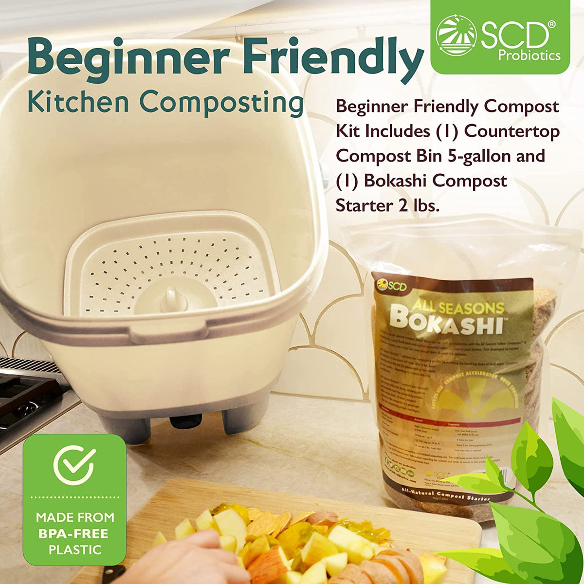 All Seasons Indoor Composting Kit, 5 Gallon Tan Composting Bin with Bokashi Compost Starter