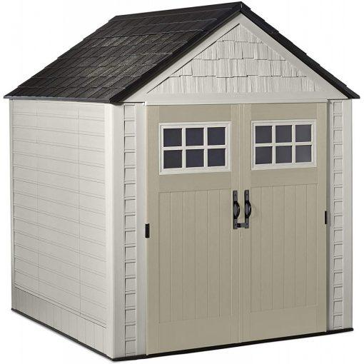 Rubbermaid Resin Outdoor Garden Storage Shed With Windows And Utility Hooks, Sand - 7x7 Ft
